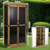Outdoor Storage Cabinet,Wood & Metal Storage Shed with Lockable Doors & Adjustable Shelves,Vertical Outdoor Cabinets for Patio Backyard, Gardening Tools and Accessories,Brown Magazoopet