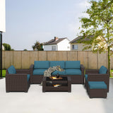 YLGJ&TIDY 7-Piece Outdoor Sectional Patio Furniture Set, All-Weather Wicker Rattan Sofa w/Thick Washable Cushions & Tempered Glass Table, Perfect for Garden, Poolside, Backyard (Brown&Peacock Blue) YLGJ&TIDY