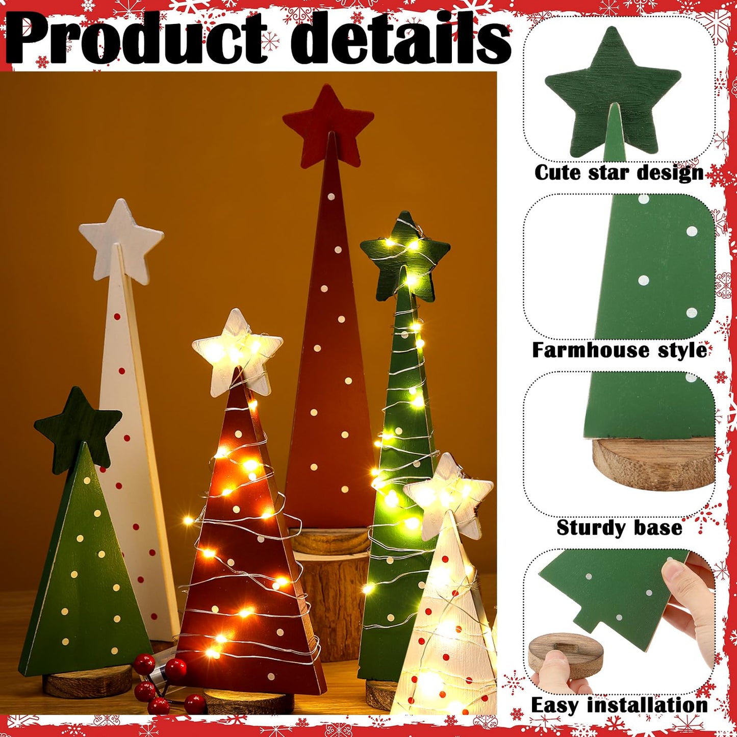 Colingmill 9 Pcs Wooden Christmas Tree Tabletop Decor Sanding Rustic Wood Christmas Tree Sign with 3 Pcs 6.56 ft LED Lights for Xmas Home Decor Farmhouse Freestanding Centerpieces Holiday Decorations