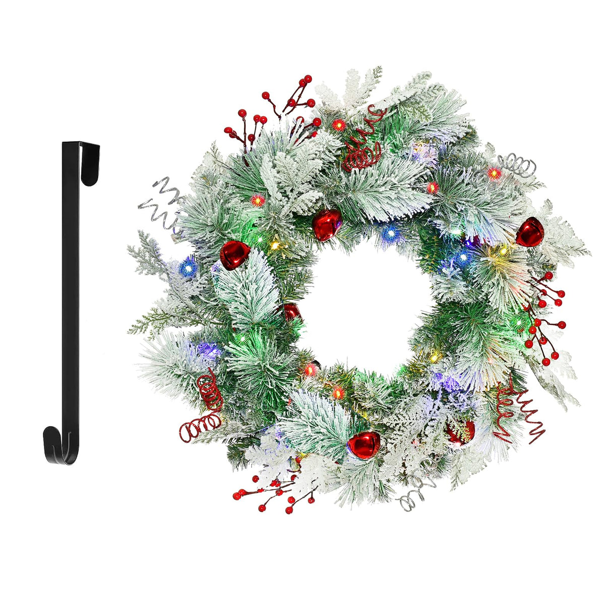 Christmas Wreath for Front Door 24inch - Light Up Artificial Christmas Wreath, Lighted Christmas Wreaths Battery Operated, with Bells and Wreath Hanger, for Front Door Wall Windows Xmas Decoration HOYECHI