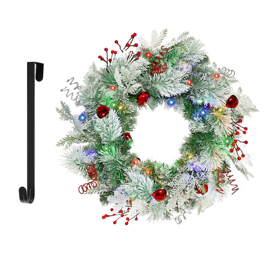 Christmas Wreath for Front Door 24inch - Light Up Artificial Christmas Wreath, Lighted Christmas Wreaths Battery Operated, with Bells and Wreath Hanger, for Front Door Wall Windows Xmas Decoration