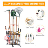 PLKOW Garden Tool Organizer with Wheels and Storage Hooks, Rolling Corner Tool Storage Rack for Garden, Shed, Garage, Powder Coated Steel, Black PLKOW