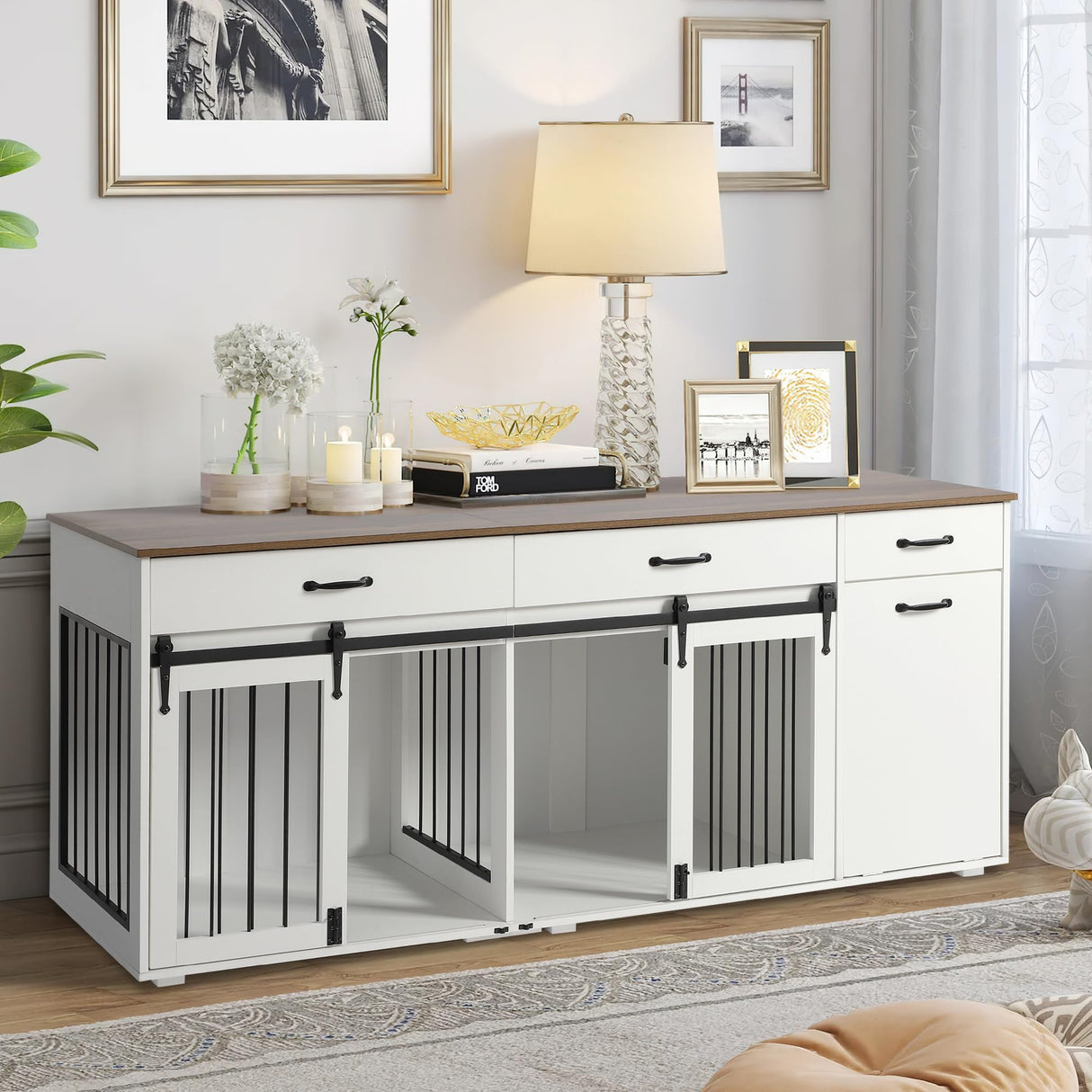 71" Furniture Dog Crate for 2 Dogs, Double Dog Furniture Crate, Furniture Dog Cage Indoor for Large Medium Small Dogs, Wood Dog Kennel with Tilt Out Cabinet, Drawers, Divider and Sliding Door, White LOUVIXA