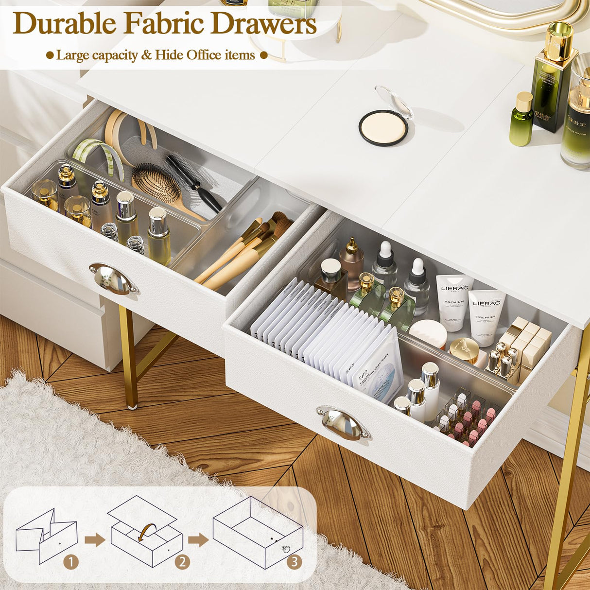 Small Vanity Desk No Mirror for Kids Bedroom, 31.5 Inch Vanity Table with Drawers, Makeup Vanity Desk for Narrow Spaces, White and Gold(No Mirror) ThreeHio