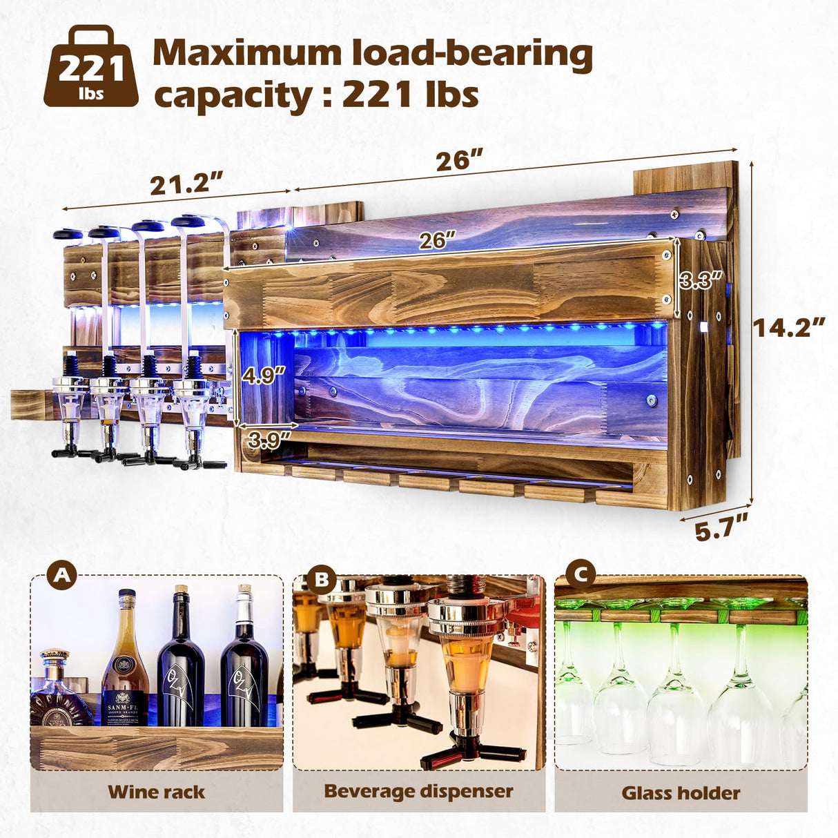 Homde Wine Rack with LED Light Wall Mounted Wood Wine Shelf with Bottle Stemware Glass Holder Rustic Wine Display Storage Rack with 4-Bottle Liquor Dispenser for Home Bar Kitchen Decor Homde