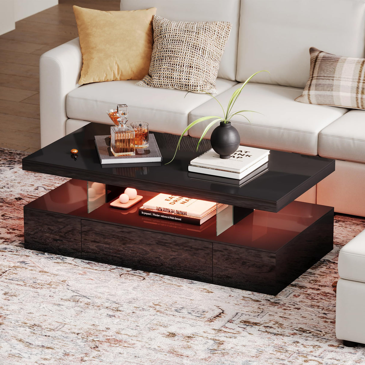 ChooChoo Modern LED Coffee Table, High Glossy Coffee Table with Drawer, Black Coffee Table with Storage for Living Room, Bedroom ChooChoo