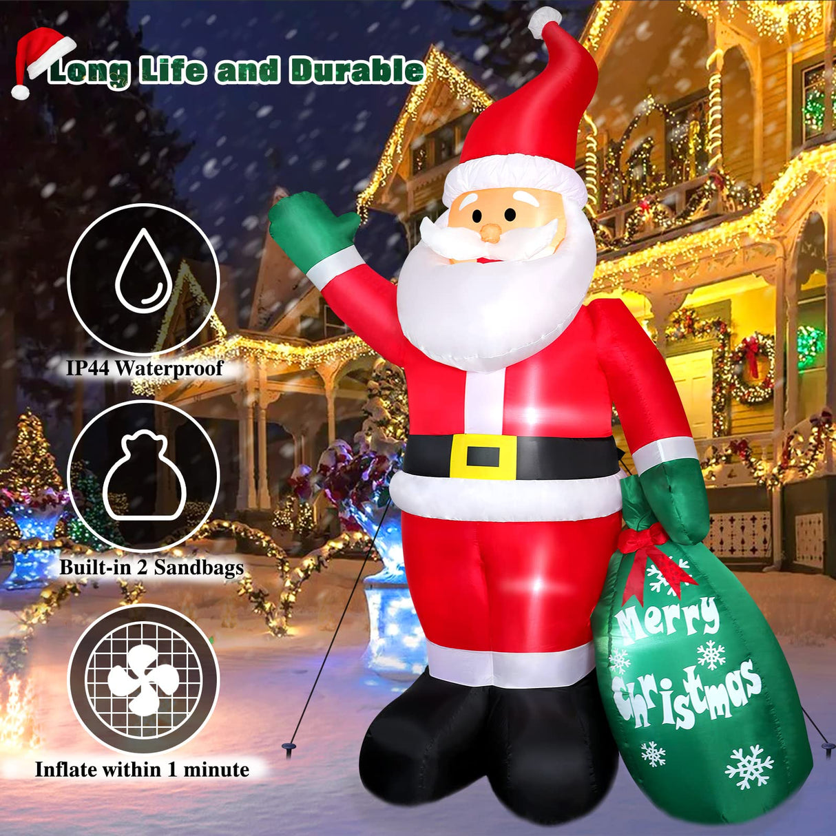 8 FT Christmas Inflatable Santa Claus Outdoor Decoration for Yard, Blow up Santa Decor with Big Gift Bag, Built-in LED Lights for Garden Patio Lawn Home Indoor Winter Holiday Party, IP44 Weatherproof FunFanso