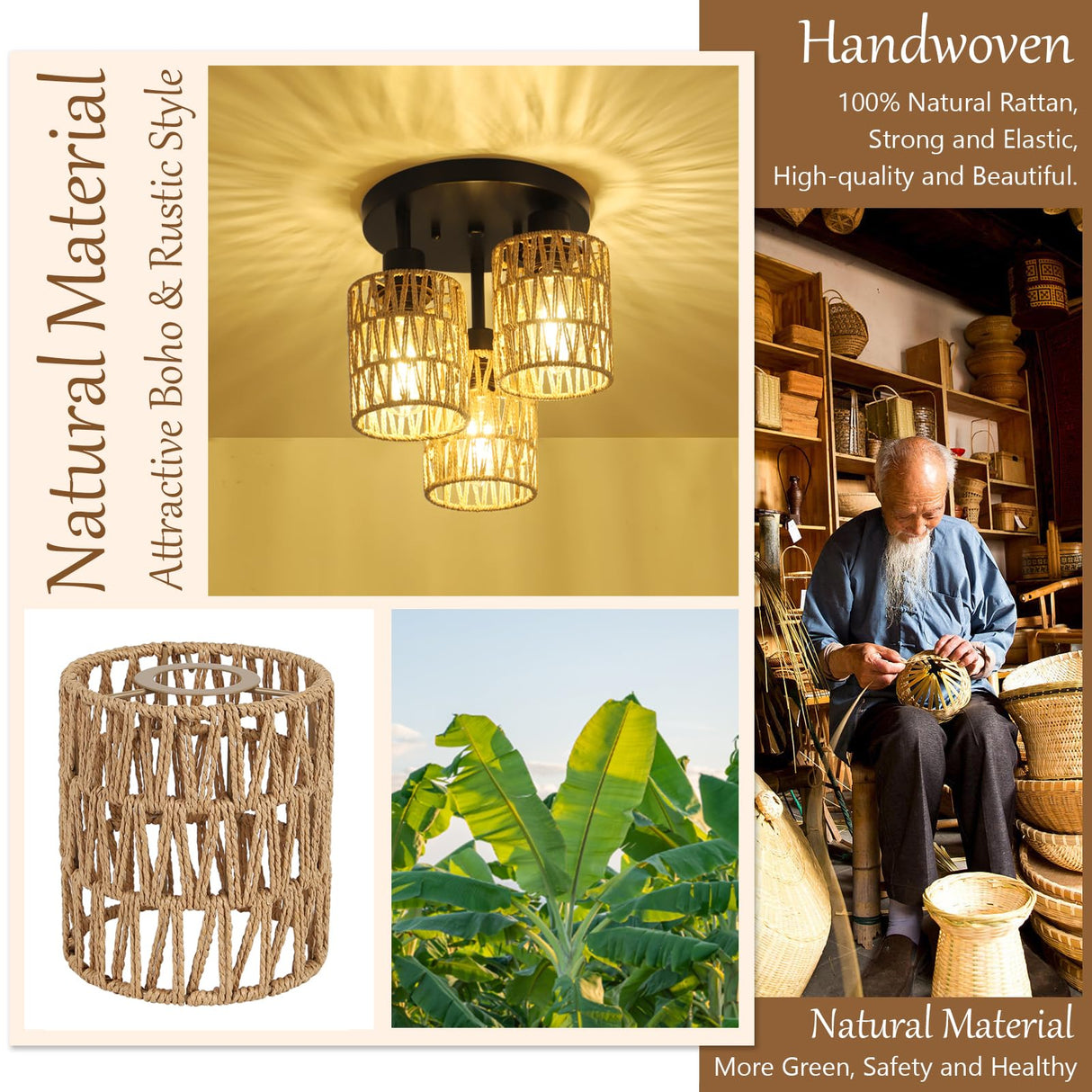 3-Lights Boho Light Fixtures Ceiling Mount, Farmhouse Rattan Chandelier, Hand Woven Cage Shade Semi Flush Mount Ceiling Lights for Bedroom Foyer Entryway Kitchen, Hallway Rattan Light Fixtures Ceiling Stepeak