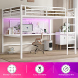Sailret Metal Loft Bed Frame with Desk, Power Outlet & USB Charging, LED Lights, Noise-Free Sturdy High Loft Dorm Bed with Guardrails & Ladder, Space-Saving Design -Queen, White Sailret