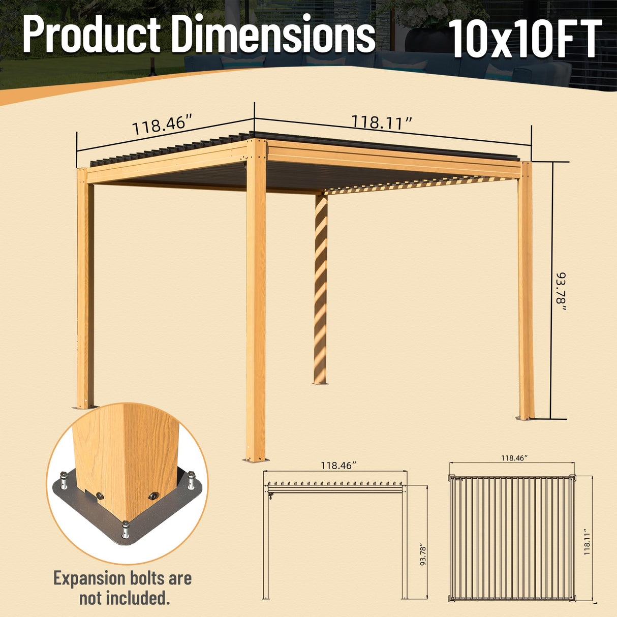 Domi Louvered Pergola 10X10FT, Wood Grain Aluminum Pergola with Adjustable Roof, Wood Looking Aluminum Frame, Efficient Drainage System, Outdoor Pergola for Patio, Deck, Garden domi outdoor living