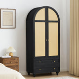YUCHIATH Arched Armoire Wardrobe Closet with 2 Rattan Doors, Wooden Wardrobe Closet with 2 Drawers, 74.8 "H Bedroom Armoires with Hanging Rod (Black) YUCHIATH