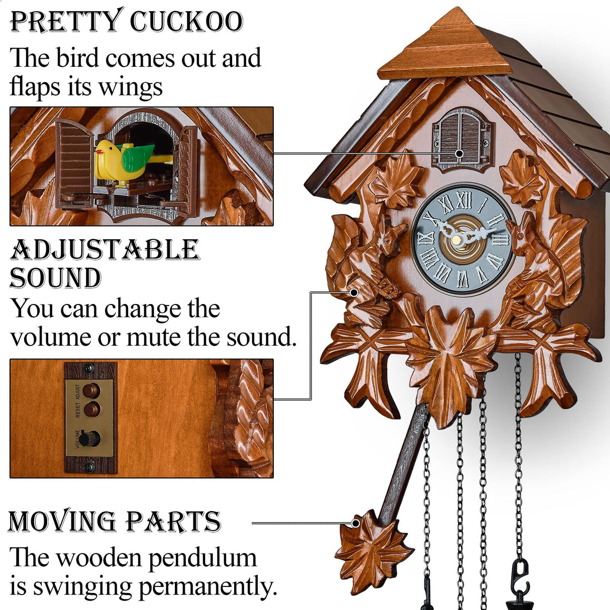 TIMEGEAR Cuckoo Wall Clock with Night Mode in Traditional German Style with Carved Squirrels (Cherry) TIMEGEAR