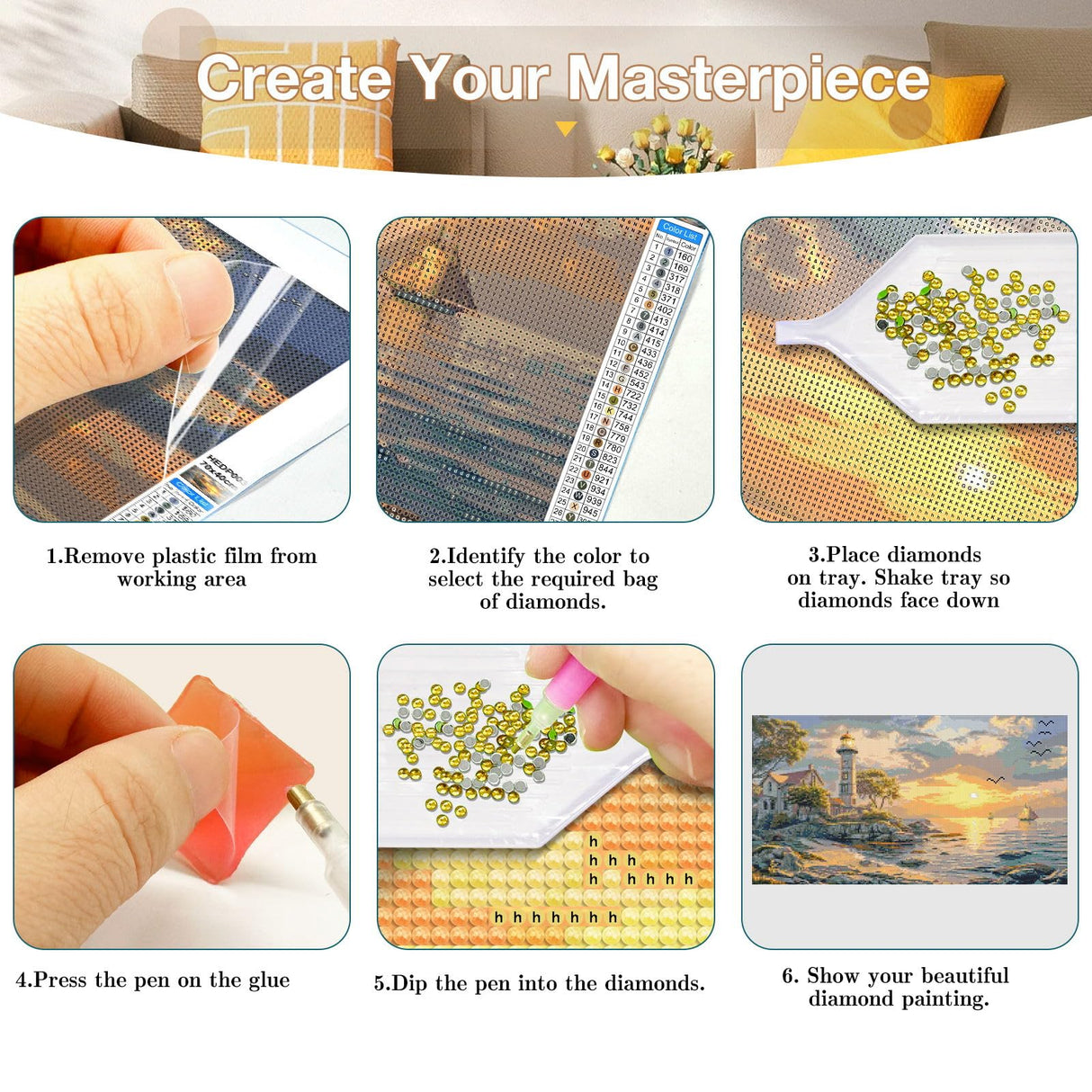 HeeBenor Large Diamond Art Kit for Adults, 5D Lighthouse Painting Kit, DIY Full Drill Sunset, Gem Art Kit for Home Wall Decor 27.5 X 15.7 Inch HeeBenor