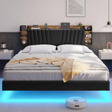 DICTAC California King Floating LED Bed Frame with Storage Headboard and Charging Station in Black and Rustic Finish DICTAC
