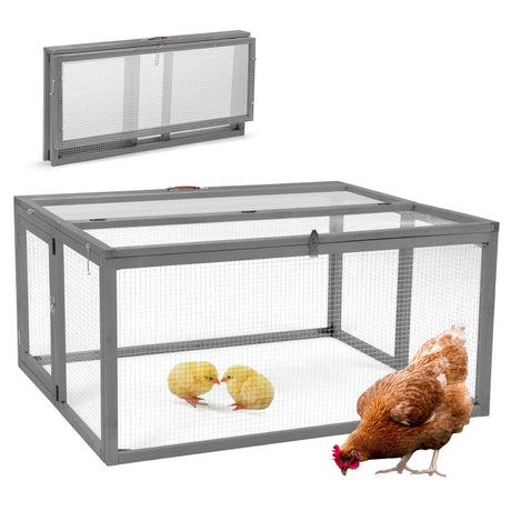 COZIWOW Portable Chicken Coop with UV-Proof Panel, 4X Garden Stakes, Wooden Rabbit Hutch, Chicken Brooder Indoor, Outdoor Folding Chicken Cage, Top & Side Openable Doors, 45.3Inch (Grey) COZIWOW