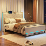 Vabches Off White Full Size Bed Frame with LED Lights and Charging Station Vabches