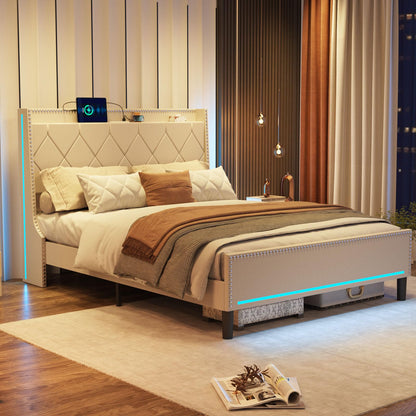 Vabches Off White Full Size Bed Frame with LED Lights and Charging Station - WoodArtSupply