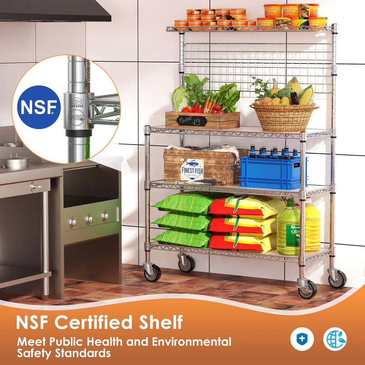 Leteuke Bakers Rack with Storage & Wheels, 42 Inch Microwave Stand Kitchen Shelves, 4-Tier Heavy Duty Storage Rack with 20 S-Hooks, Commercial Metal Utility Kitchen Cart, 42× 18× 63 Inch, Chrome Leteuke