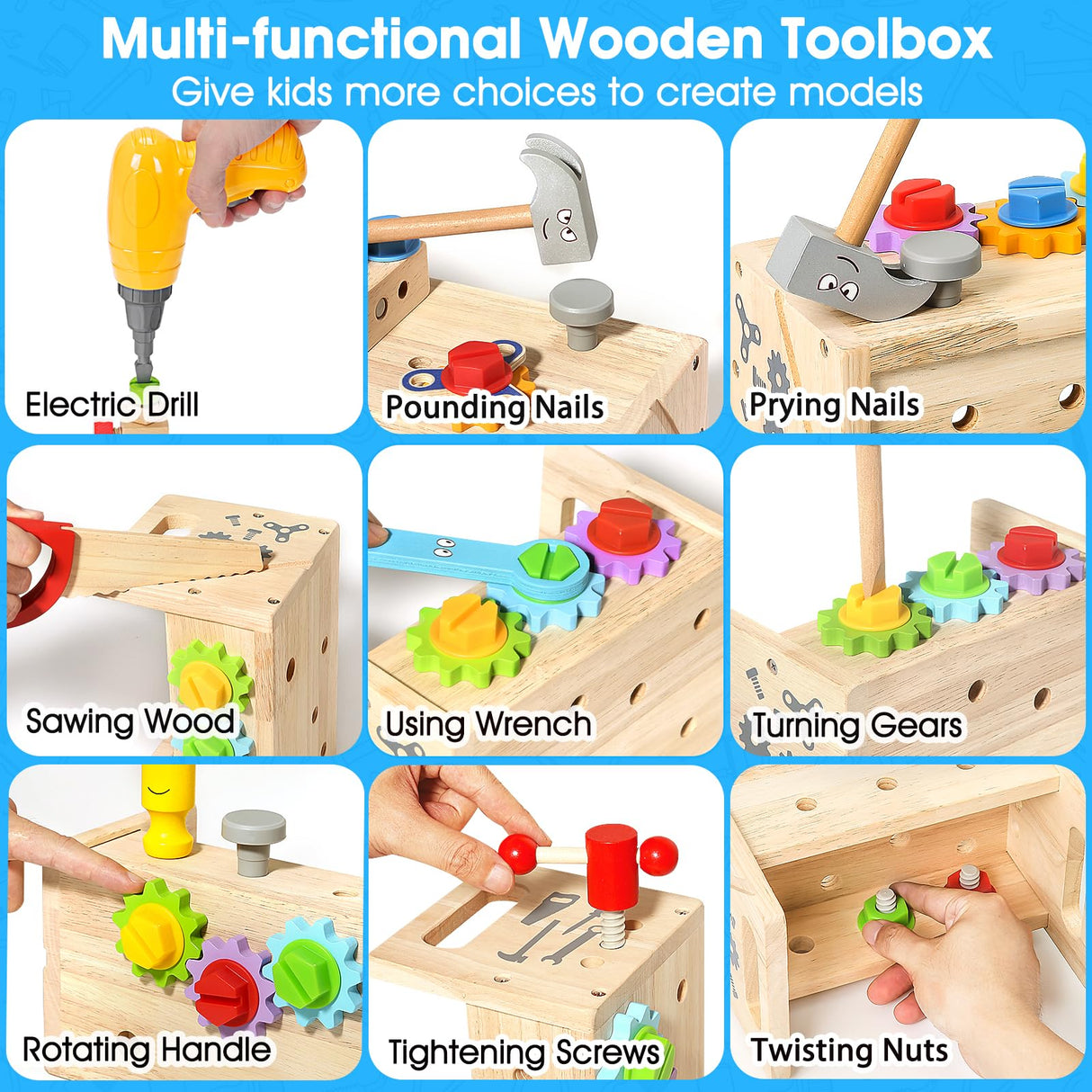 Kids Tool Set with Electric Drill, 39 Pcs Wooden Toddler Play Tool Bench Kits with Tool Box, Montessori STEM Educational Pretend Construction Toy for 3 4 5 6 Year Old Boys Girls Birthday Gifts BAODLON