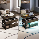 ONBRILL Coffee Table, 40" Lift Top Coffee Table with Drawers & LED Light for Living Room, Coffee Table with Hidden Compartment & 2 Open Shelves for Dining Reception Room, Black ONBRILL