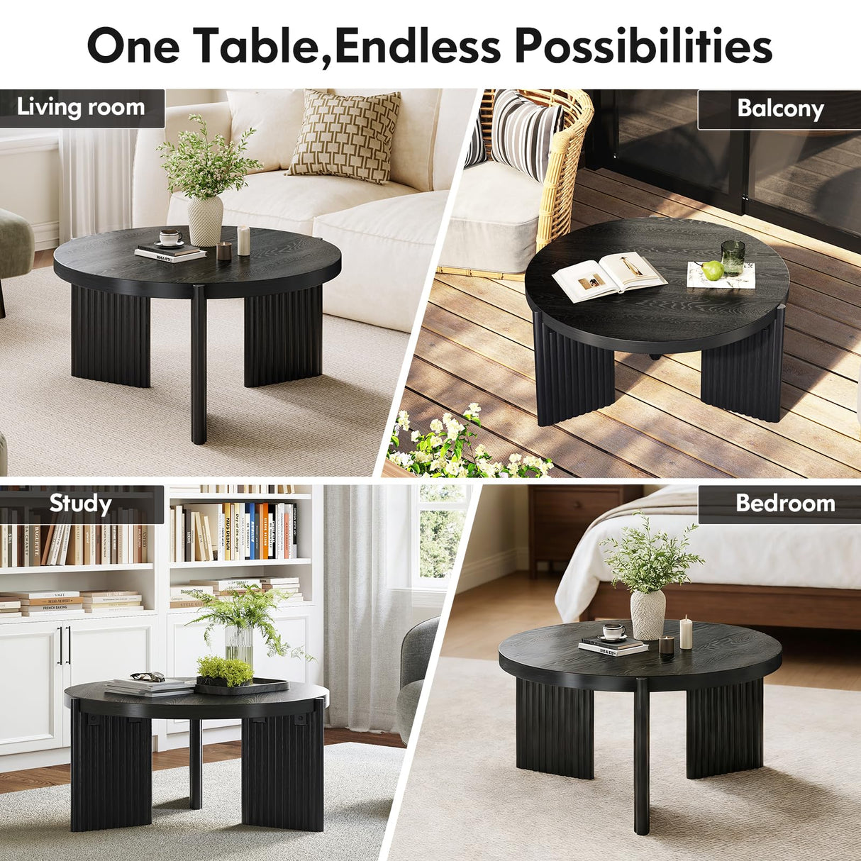 Luoxiao Black Round Coffee Table 27.5" Center Table for Living Room, Mid Century Modern Fluted Circle Table for Apartments, Small Homes, Wooden Coffee Tables with Quilted Footpads, Easy Assembly Luoxiao