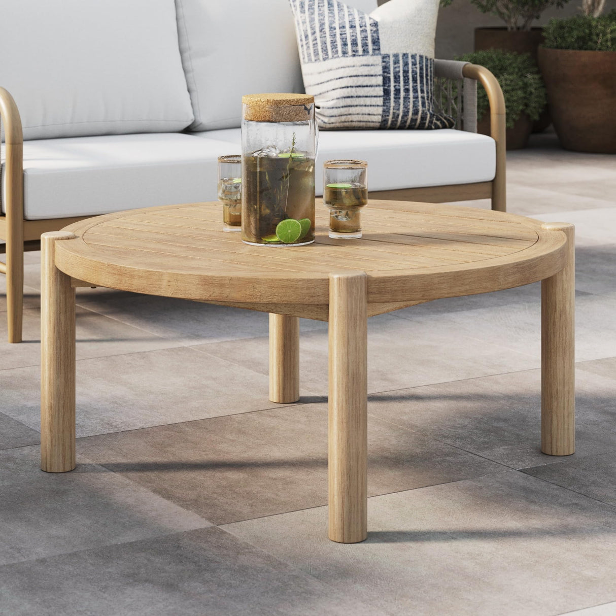 Nathan James Bora Round Outdoor Coffee Table, Farmhouse Wood Coffee Table for Patio or Porch, Solid Acacia Wood Nathan James