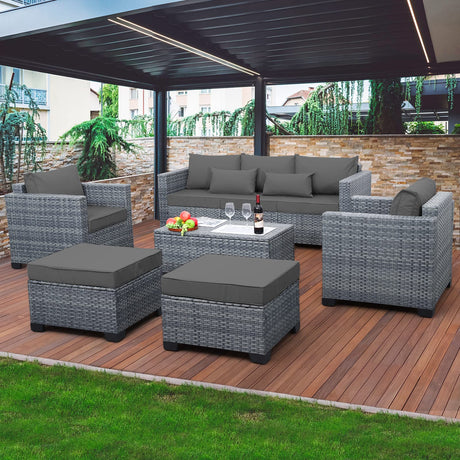 Lviden 6 Pieces Wicker Patio Furniture Sets Outdoor Conversation Set PE Rattan Sectional Sofa Couch with Storage Table and Grey Cushions Lviden