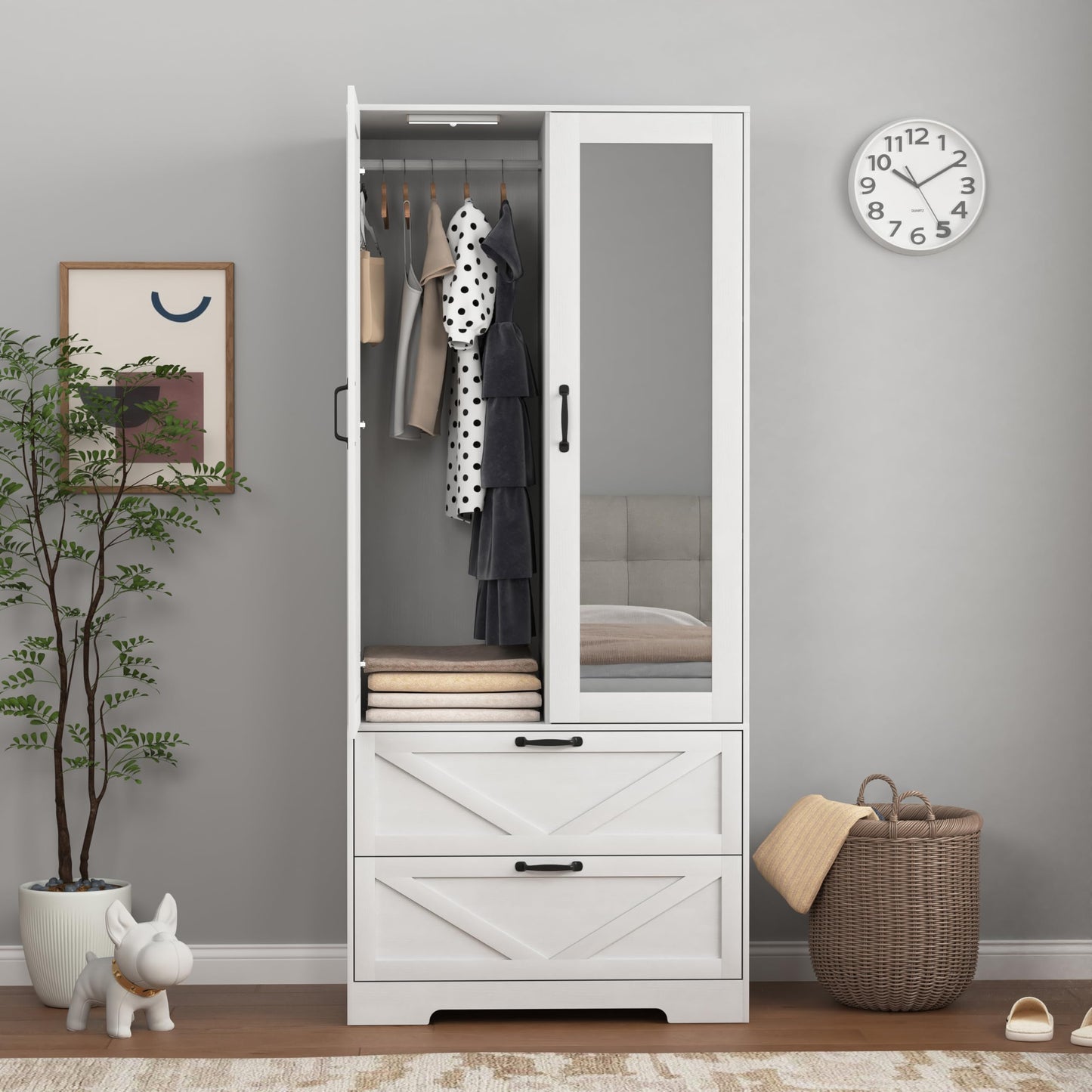 Armoire Wardrobe Closet, with 2 Rattan Doors, Freestanding Wooden Wardrobe Cabinet with 3 Storage Drawers and Hanging Rail, Wardrobe Armoire for Bedroom (White+Mirror)