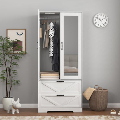 Armoire Wardrobe Closet, with 2 Rattan Doors, Freestanding Wooden Wardrobe Cabinet with 3 Storage Drawers and Hanging Rail, Wardrobe Armoire for Bedroom (White+Mirror)