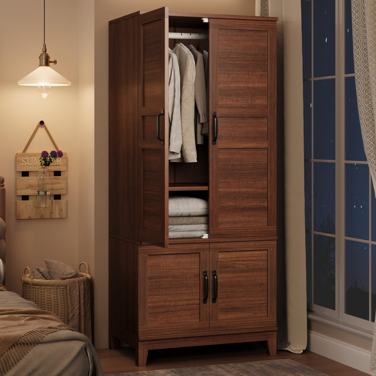 GarveeHome Armoire Wardrobe Closet with 4 Doors,72 in Wooden Wardrobe Cabinet with Hanging Rod, Freestanding Tall Clothing Armoire Cabinet with 18 Adjustable Shelves for Bedroom, Clothes, Walunt Brown GarveeHome