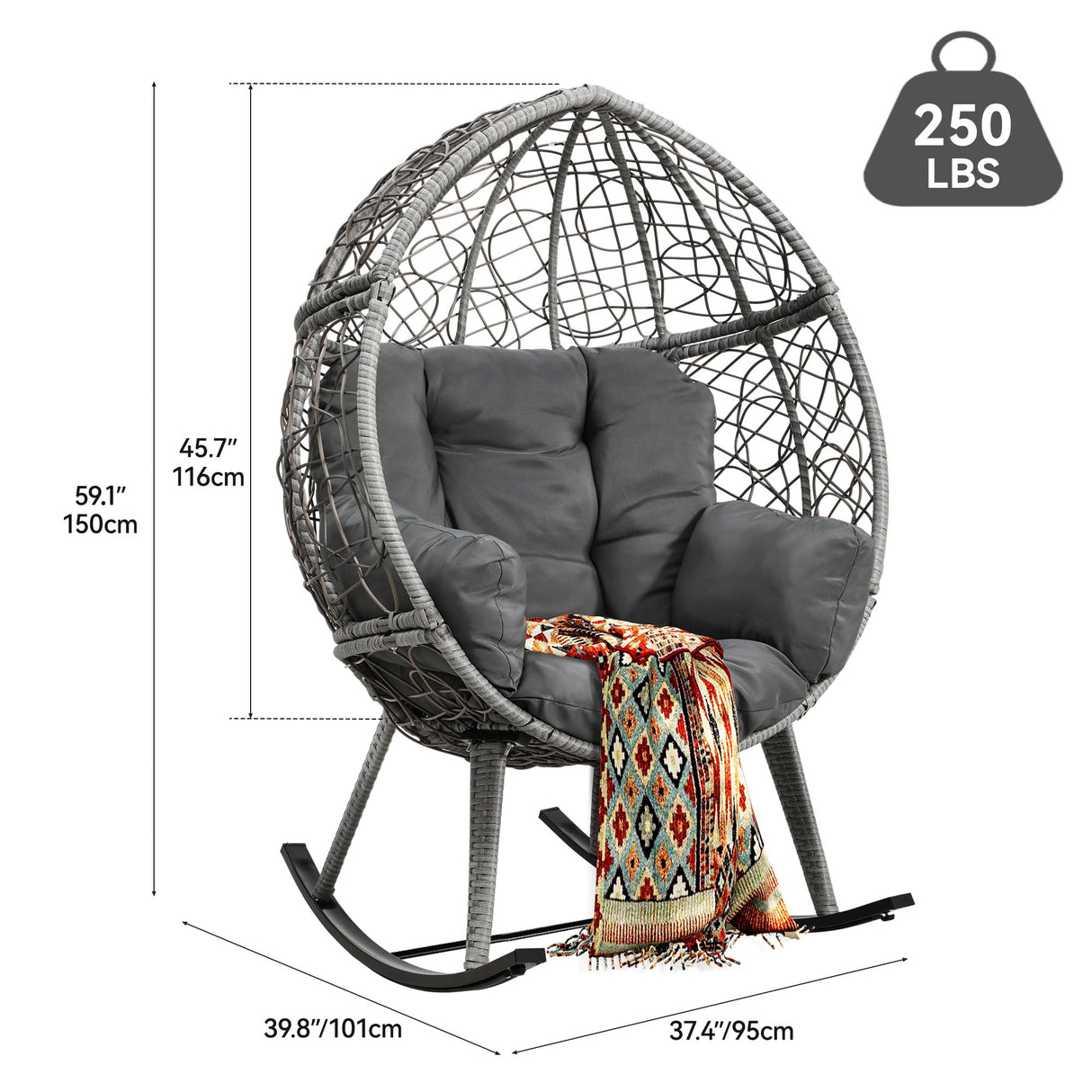 YITAHOME Outdoor Rocking Egg Chair with Cushioned Comfort, Wicker Patio Rocker 250lb Capacity, Anti-Slip, All-Weather Resilient Rattan Design for Indoor & Outdoor Relaxation Spaces, Grey YITAHOME