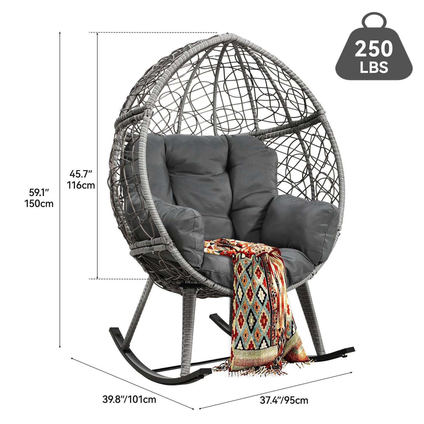 YITAHOME Outdoor Rocking Egg Chair with Cushioned Comfort, Wicker Patio Rocker 250lb Capacity, Anti-Slip, All-Weather Resilient Rattan Design for Indoor & Outdoor Relaxation Spaces, Grey