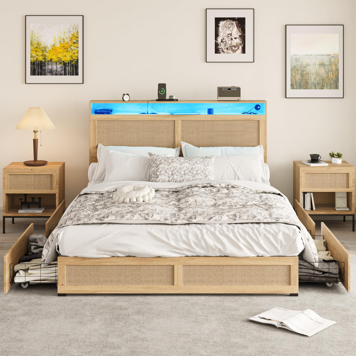 Fameill Boho Full Bed Frame with LED Lighting, Rattan Storage Headboard & 4 Drawers Fameill