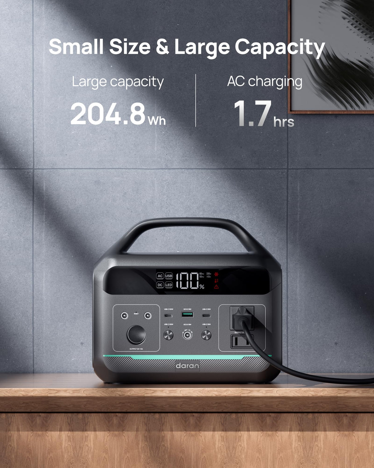 DaranEner Portable Power Station, 204Wh LiFePO4 Battery Backup w/ 2 300W (Surge 600W) AC Outlets, PD100W Fast Charging Outlet, Solar Generator for Outdoors Camping Travelling and Emergencies DaranEner