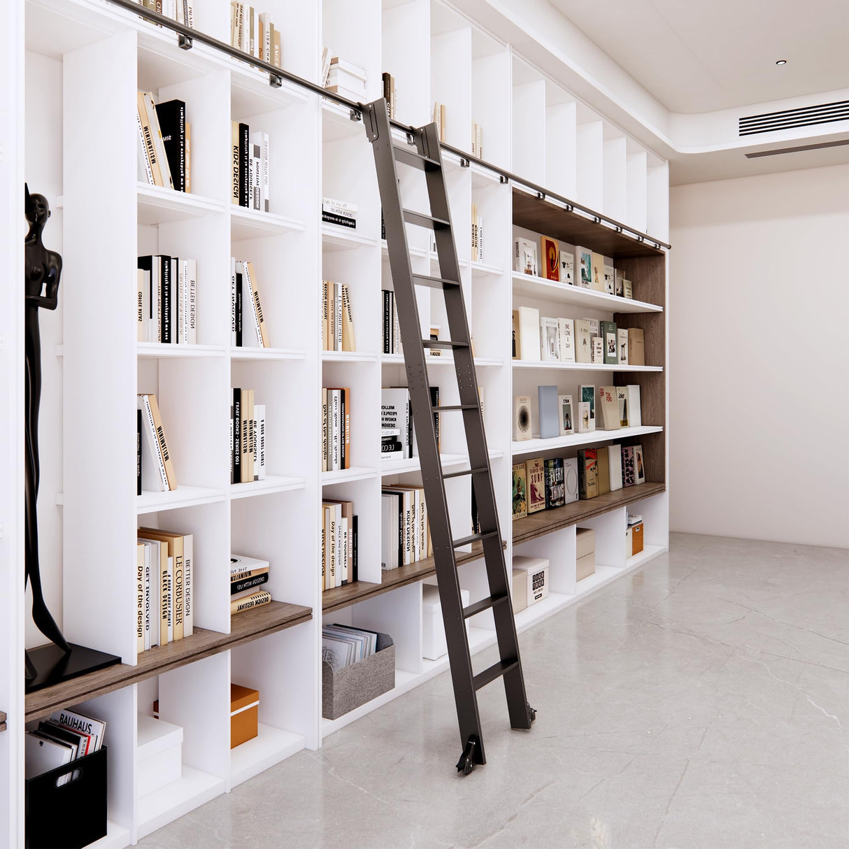 HARDJULAN 108" Black Sliding Library Ladder with 4FT Telescopic Hook Track – Lightweight Aluminum Rolling Ladder with Braking Wheels, Kit for Home, Loft, and Bookshelves HARDJULAN