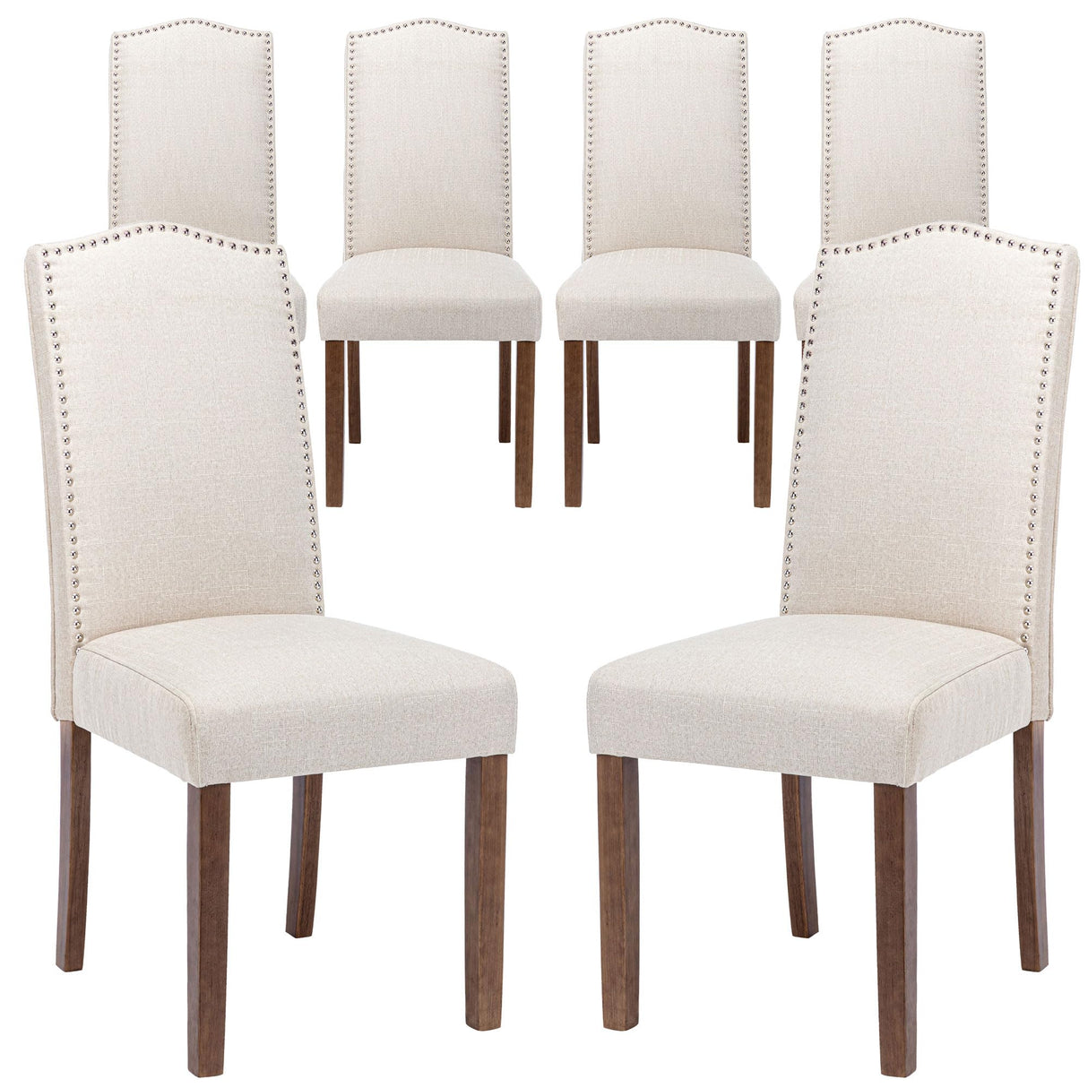 Snugway Stylish Upholstered Parsons Dining Chair with Nailhead Trim and Sturdy Solid Wood Legs, Beige, 6 Pcs Snugway