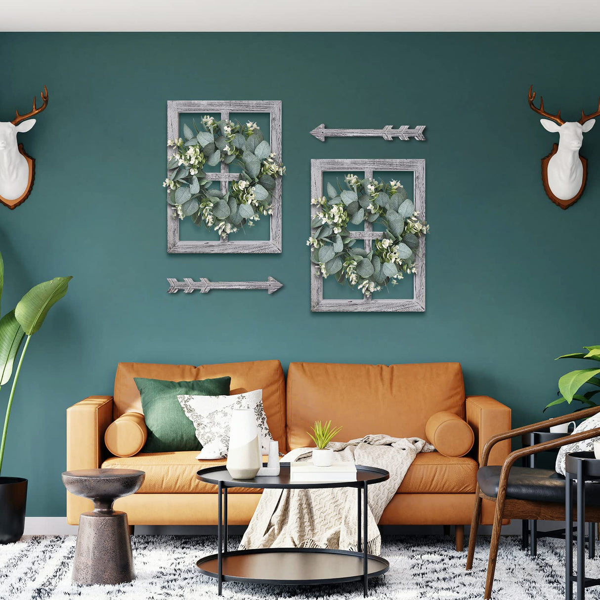 WAKOSAN Rustic Wood Window Frame with Green Wreath and Arrows Wall Decor，Farmhouse Window Frame Wall Decor, Wooden Fake Window Decoration,Window Pane Wall Decor,Set of 2 (White) WAKOSAN