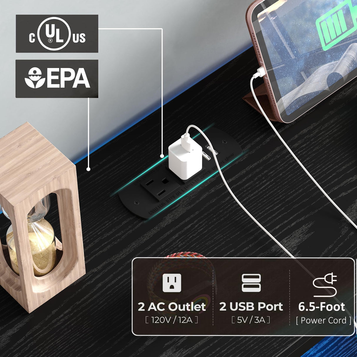 CollaredEagle 7 Drawer Dresser with Charging Station, TV Stand Fabric Storage Tower for Bedroom,Storage Drawers with LED, Wooden Top for TV up to 43 inch, for Bedroom, Living Room, Entryway, Black CollaredEagle