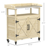 Outsunny Outdoor Wooden Potting Bench Table, Garden Workstation with Storage Cabinet, Aluminum Table Top, Rubber Wheels for Backyard, Patio, Balcony, Natural Wood Outsunny