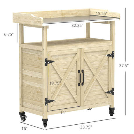 Outsunny Outdoor Wooden Potting Bench Table, Garden Workstation with Storage Cabinet, Aluminum Table Top, Rubber Wheels for Backyard, Patio, Balcony, Natural Wood Outsunny