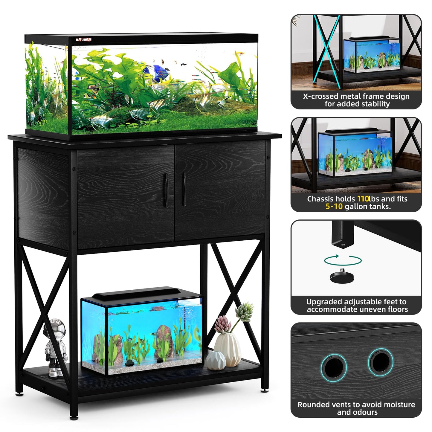 20-29 Gallon Aquarium Stand, Metal Stand Fish Tank Rack with Accessories Storage Cabinet for Aquarium Reptile/Turtle/Fish Terrariums Table 16.5 x 30.7 x 31.8 Inches 330 LBS (Black)