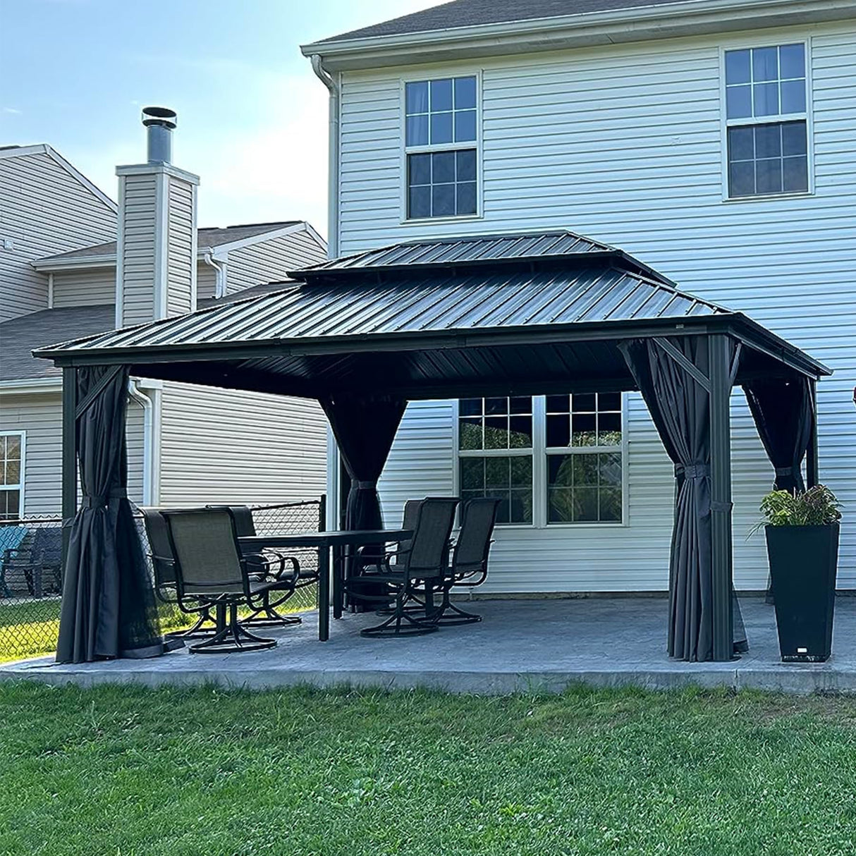 SHPAI Hardtop Gazebo 10x14FT, Aluminum Outdoor Gazebo with Galvanized Steel Double Roof Canopy, Curtains and Nettings, Metal Gazebo Permanent Pavilion for Patio Wedding, Party, Outdoor Dining, Gray SHPAI