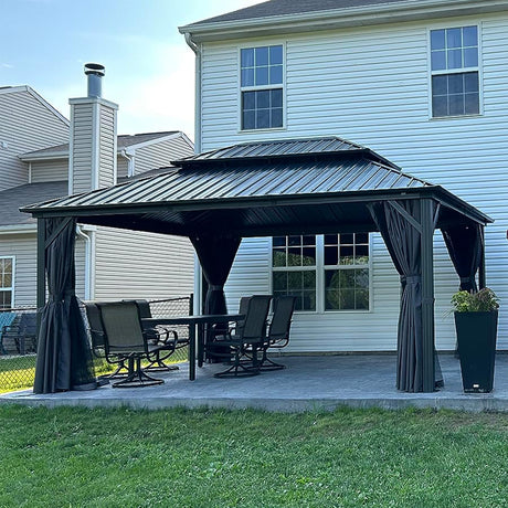 SHPAI Hardtop Gazebo 10x14FT, Aluminum Outdoor Gazebo with Galvanized Steel Double Roof Canopy, Curtains and Nettings, Metal Gazebo Permanent Pavilion for Patio Wedding, Party, Outdoor Dining, Gray SHPAI