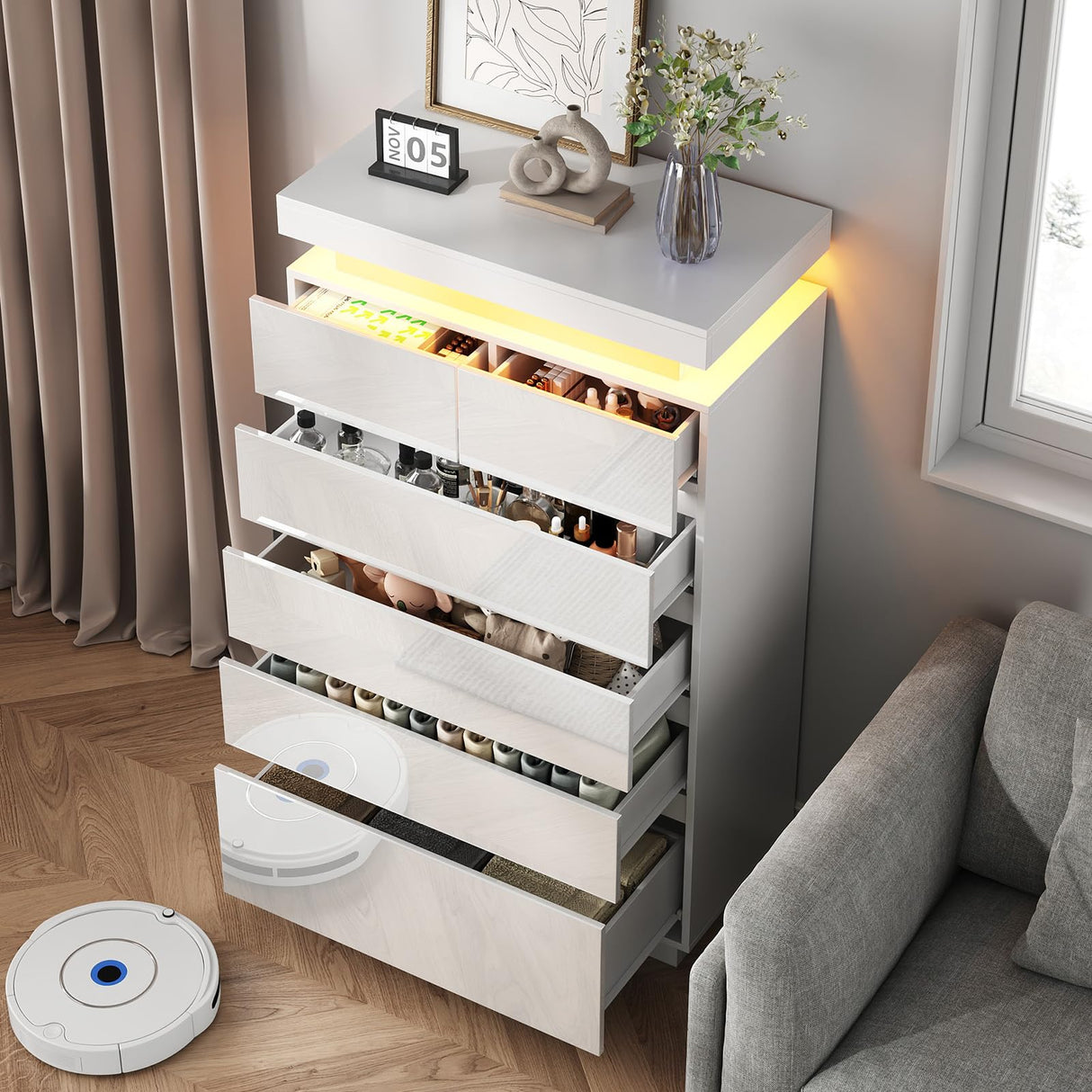 Seeday 6 Drawer Dresser for Bedroom with LED Lights, White Modern High Gloss Chest of Drawers for Closet, Tall Drawer with Adjustable LED Light, for Living Room, Entryway, Dressing Room Seeday