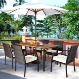 HAPPYGRILL 7 Pieces Patio Dining Set Outdoor Rattan Wicker Dining Furniture Set with Umbrella Hole, Powder Coated Steel Frame, Acacia Wood Dining Table and Armchairs with Removable Cushions HAPPYGRILL