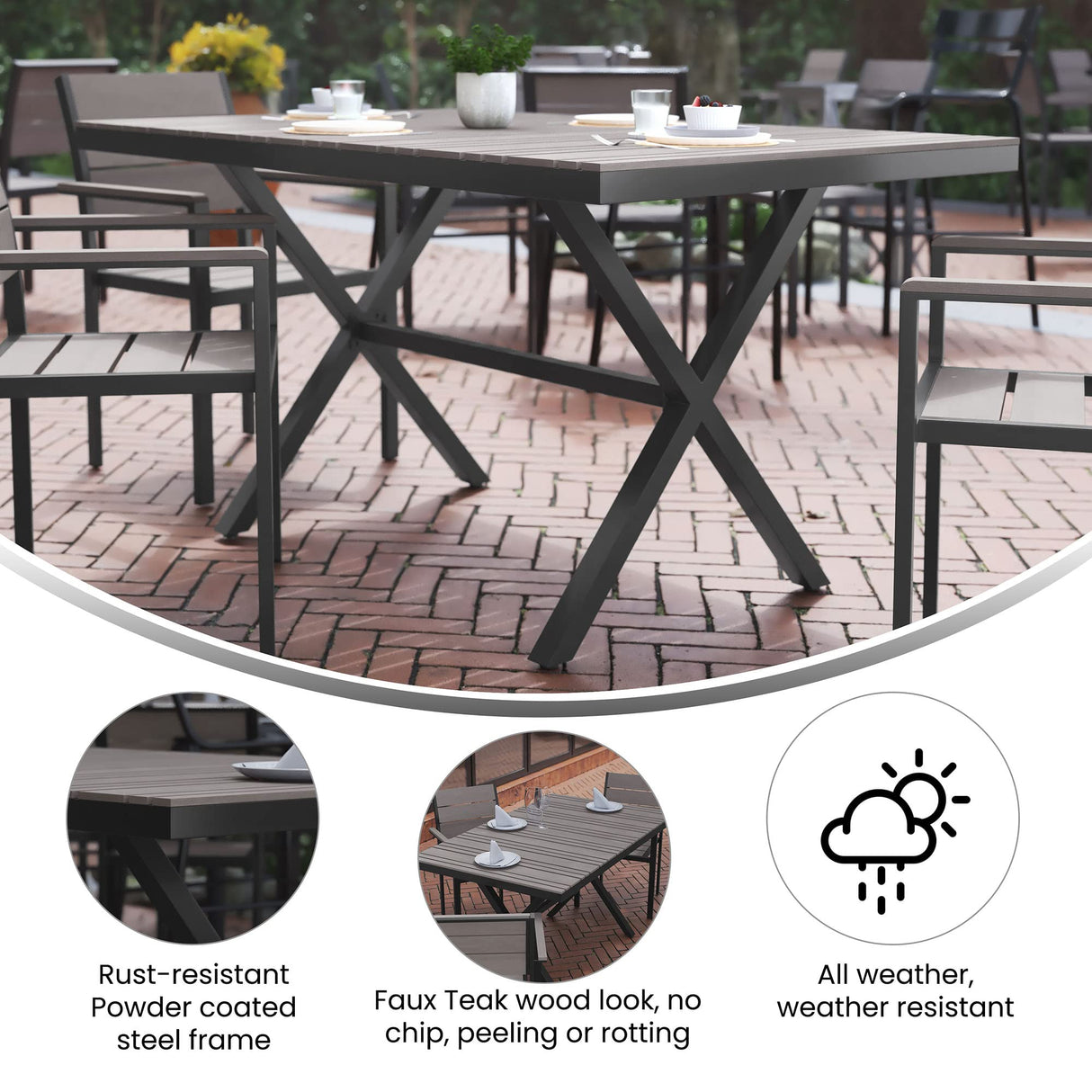 Flash Furniture Finch Commercial Grade X-Frame Outdoor Dining Table 59" x 35.5" with Faux Teak Poly Slats and Metal Frame, Gray/Gray Flash Furniture