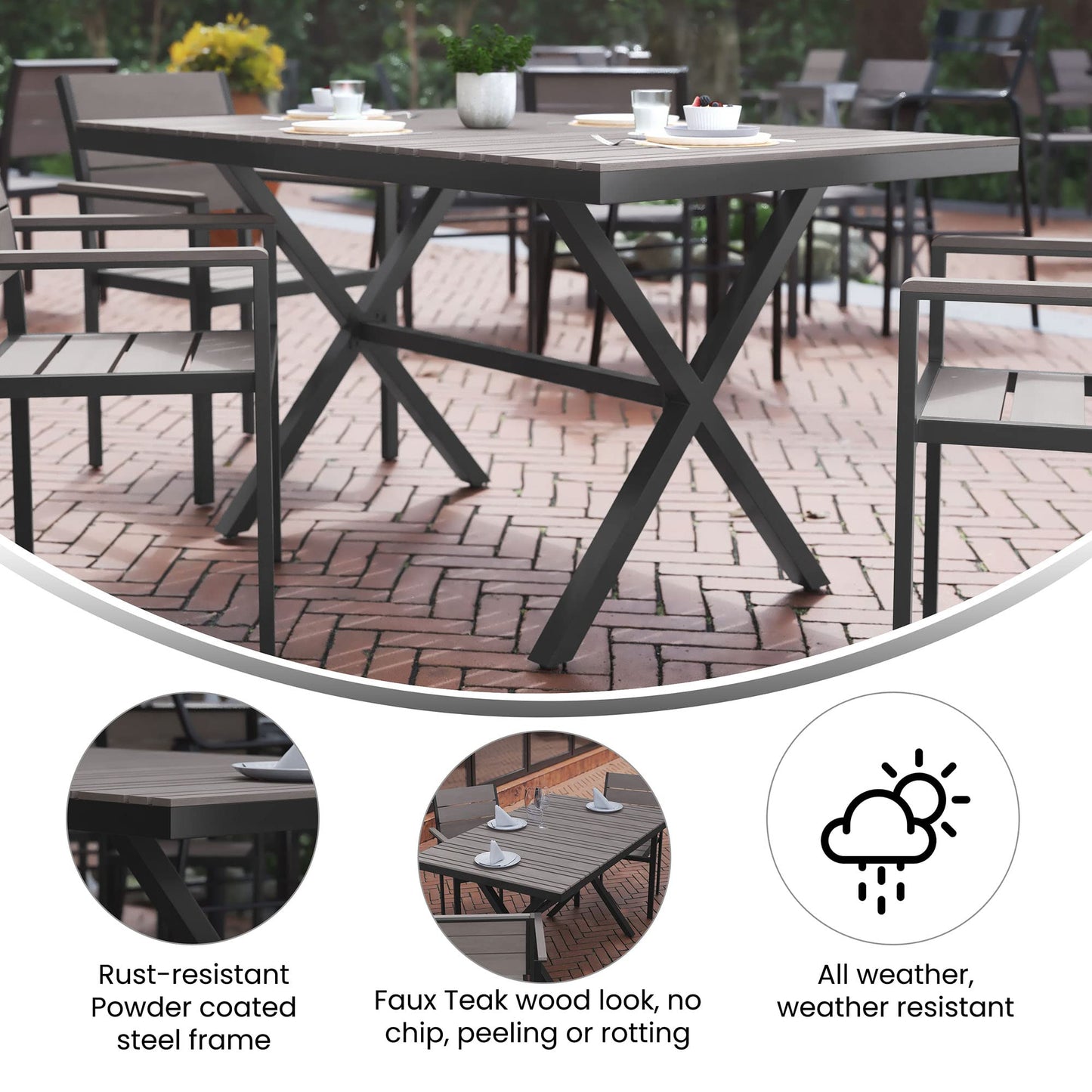 Flash Furniture Finch Commercial Grade X-Frame Outdoor Dining Table 59" x 35.5" with Faux Teak Poly Slats and Metal Frame, Gray/Gray - WoodArtSupply