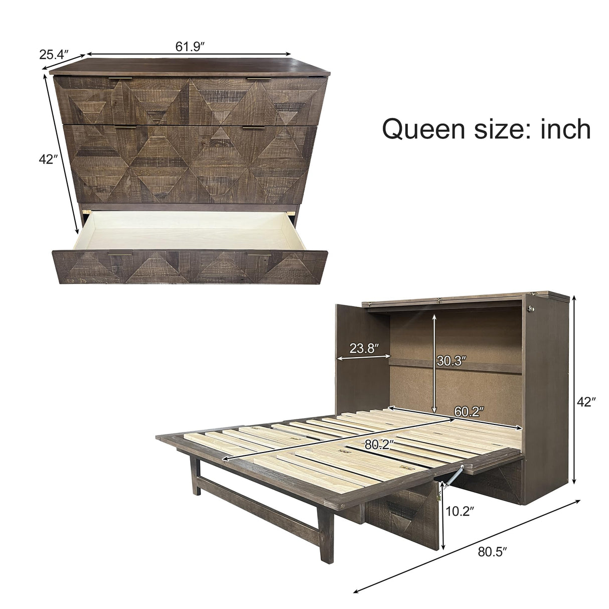 VilroCaz Murphy Bed Cabinet with Charging Station and Large Storage Drawer - Queen Size Foldable Bed for Home Office or Small Room VilroCaz