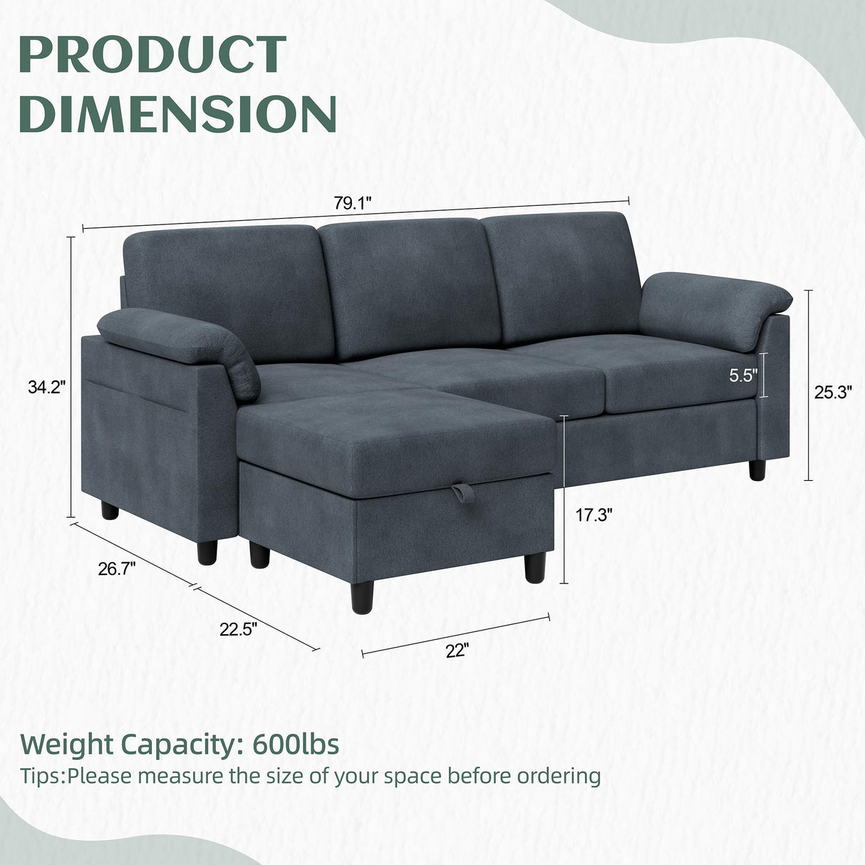 Vongrasig Convertible Sectional Sofa Couch, 3 Seat L Shaped Sofa with Removable Pillows Linen Fabric Small Couch Mid Century for Living Room, Apartment and Office Gray Vongrasig