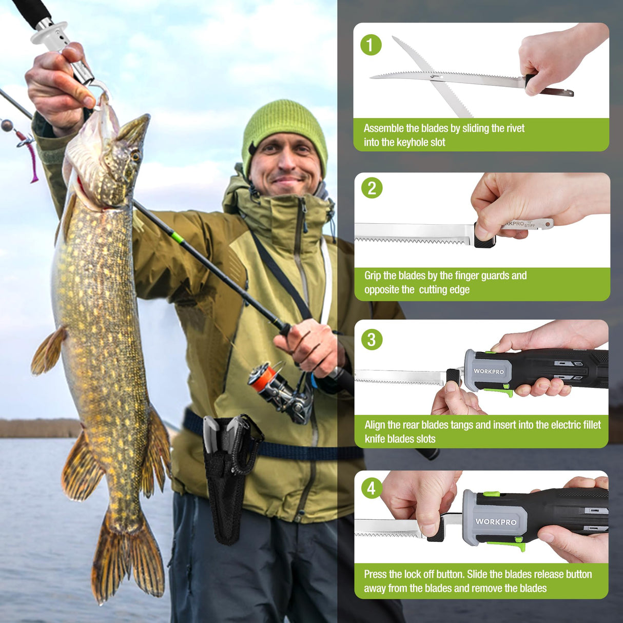 WORKPRO 12V Cordless Electric Fillet Knife with 8'' and 10'' Razor-Sharp Blades, Cordless Fillet Knife with Non-slip Grip Handle and Safety Lock, 2 Rechargeable Battery Packs, 1 Quick Battery Charger, and 1 Storage Carry Case for Fishing, Filleting, Outdo WORKPRO